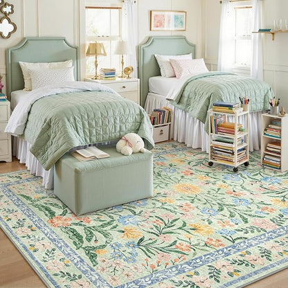 Lahome Machine Washable Area Rugs 8x10 Non Slip, Soft Boho Living Room Rugs, Ultra-Thin Vintage Cottage Throw Carpet for Home Office Dinning Room Kids Playroom, Green/Multi