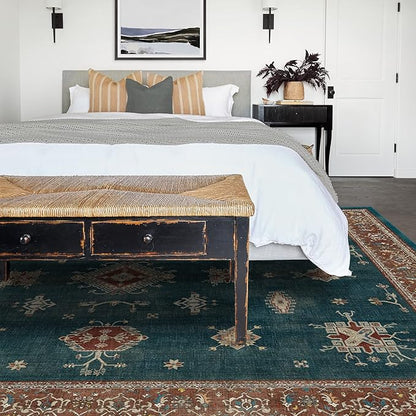 RUGGABLE Washable Vintage Area Rug – Verena Teal Blue 8x10, Stain-Resistant, Non-Slip – Large Machine Washable Rugs for Living Room, Bedroom, Hallway, Entryway & Office–with Cushioned Pad