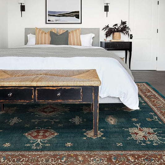RUGGABLE Washable Vintage Area Rug – Verena Teal Blue 9x12, Stain-Resistant, Non-Slip – Large Machine Washable Rugs for Living Room, Bedroom, Hallway, Entryway & Office–with Cushioned Pad