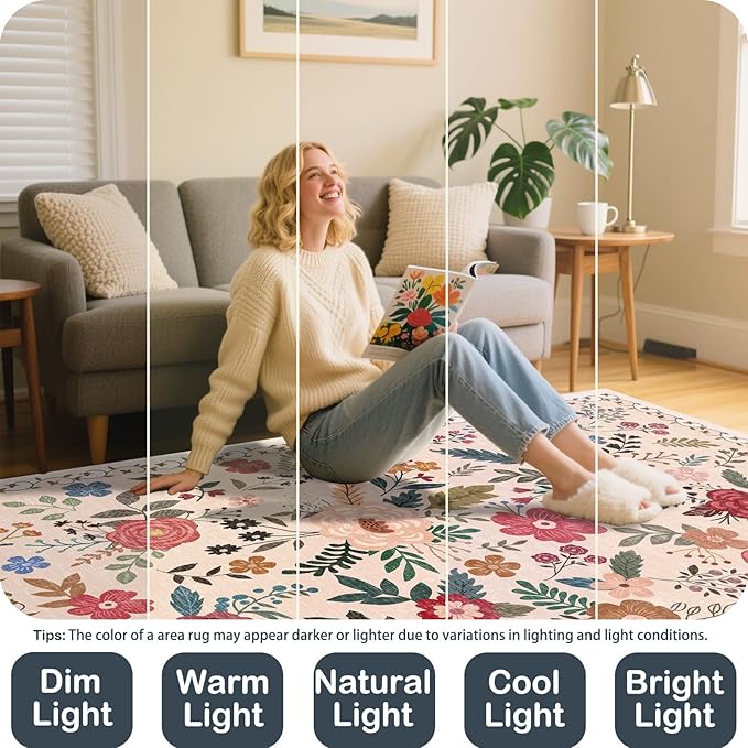 9x12 Area Rugs for Living Room Clearance Washable Boho Area Rug, Vintage Floral Non Slip Low Pile Large Rug for Living Room, Bedroom, Dining Room, Farmhouse (9 x 12 Beige Red)