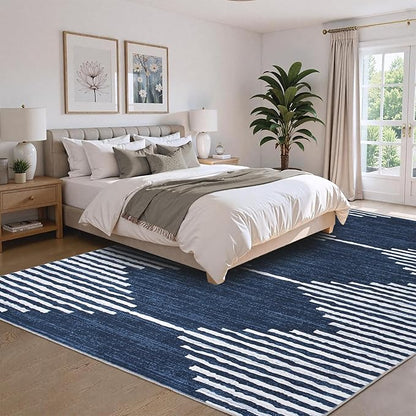 HelloTree Area Rug for Living Room 8x10 Washable Geometric Moroccan Rug Stripe Farmhouse Bohemian Minimalistic Non Slip Non Shedding Ultra Thin Soft Rug for Bedroom Office DiningRoom Nursery-Blue