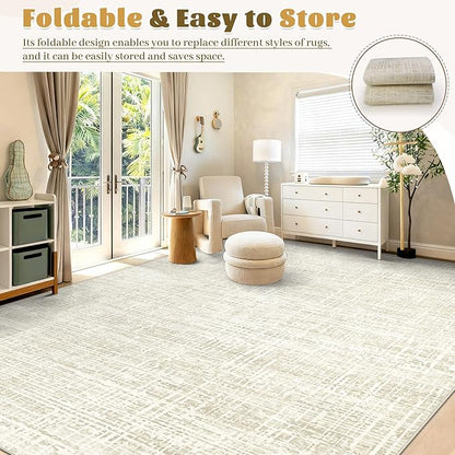 8x10 Area Rugs for Living Room, Washable Large Area Rug Neutral Modern Abstract Bedroom Rug Soft Non Slip Low Pile Stain Resistant Indoor Carpet for Nursery Kids Dining Room Office(Beige, 8'x10')