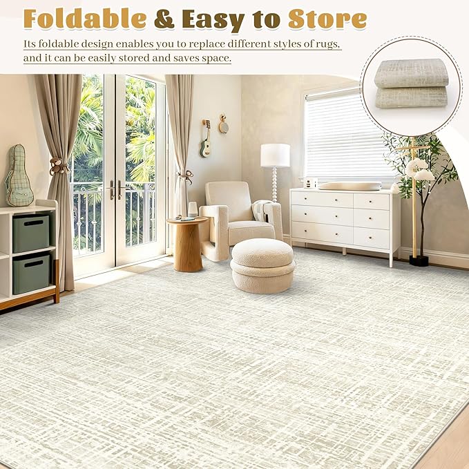 9x12 Area Rugs for Living Room, Washable Large Area Rug Neutral Modern Abstract Bedroom Rug Soft Non Slip Low Pile Stain Resistant Indoor Carpet for Kids Playroom Dining Room Office(Beige, 9'x12')