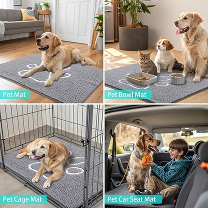 Smiry Dog Door Mat for Muddy Paws, Absorbent Dirt Trapper Non Slip Quick Dry Washable Chenille Mat for Mud Dogs, Entry Rug for Indoor and Outdoor (48x30 Inches, Grey and White)