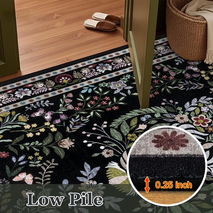 9x12 Area Rugs Living Room Rug: Vintage Washable Rug Floral Soft Carpet Indoor Floor Non-Slip Boho Stain Resistant Large Carpets for Bedroom Kids Nursery Dining Room Farmhouse Home Office Black