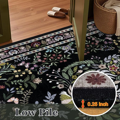 8x10 Area Rugs Living Room Rug: Vintage Washable Rug Floral Soft Carpet Indoor Floor Non-Slip Boho Stain Resistant Large Carpets for Bedroom Kids Nursery Dining Room Farmhouse Home Office Black