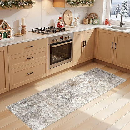 2X6 Washable Runner Rug for Hallway: Soft Neutral Modern Abstract Area Rug - Non-Slip Low Pile Long Throw Indoor Carpet for Kitchen Entryway Kitchen Bedroom Laundry Bathroom - Brown Grey