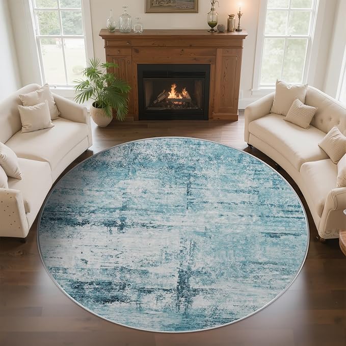 Round 4ft Area Rug Modern Abstract Washable for Living Room Entryway Dining Room Home Office Teal Gray