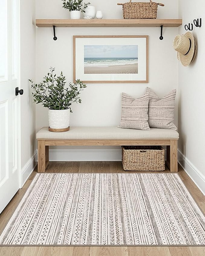 LUMI Ultra Thin Door Mat, 18x30 Non Slip Indoor Doormat Entrance Washable Rugs Entryway Oriental Vintage Soft Carpet for Kitchen Bedroom Front Door, White and Brown