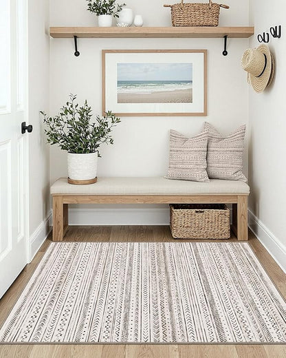 LUMI Ultra Thin Door Mat, 18x30 Non Slip Indoor Doormat Entrance Washable Rugs Entryway Oriental Vintage Soft Carpet for Kitchen Bedroom Front Door, White and Brown