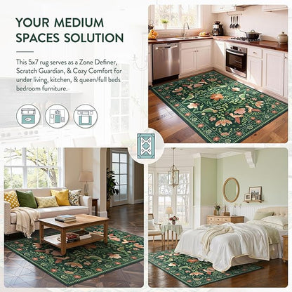 Moynesa Living Room Rug 5x7, Washable Modern Cottage Green Area Rugs for Bedroom Dining Room, Farmhouse Aesthetic Floral Bird Print Carpet, Vintage Home Decor Open Floor Areas Non-Slip Protection