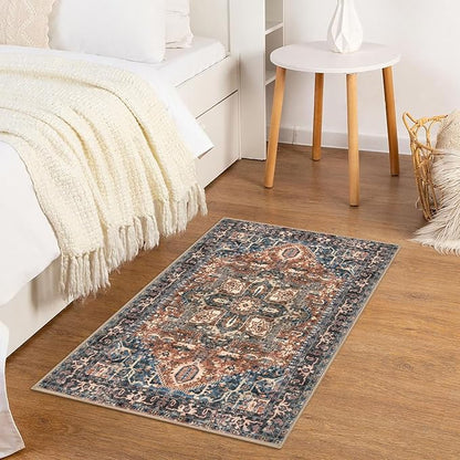 KOZYFLY Small Area Rug 2x3 Ft Rugs for Entryway Washable Boho Entry Rug Non Slip Door Mat Indoor Entrance Faux Wool Vintage Printed Kitchen Rug Throw Rugs for Entrance Kitchen, Red/Navy Blue/Brown