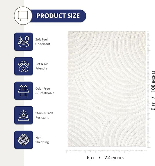 Abani Nomad Cream Tone-on-Tone Area Rug 6' x 9' for Living Room, Bedroom - Linear Curves Pattern - Durable & Easy to Clean