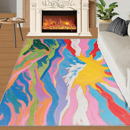 Boho Sun Area Rugs 3x4ft, Watercolor Mountain Kids Bedroom Rug, Abstraction Deco Bedside Rug Durable Non Slip for Cafe Living Room Under Table Boys Room Decor