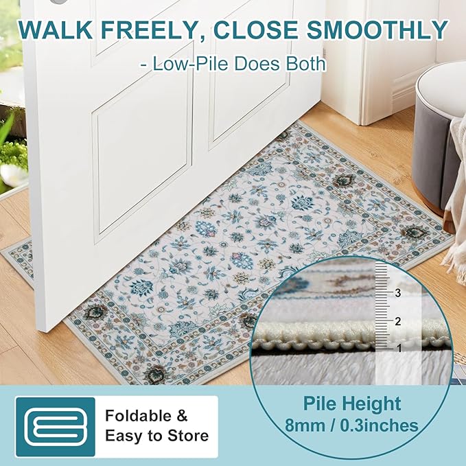 WILLSUN Washable Area Rugs, 2x3 Non-Slip Boho Small Area Rugs for Entryway, Kitchen, Bathroom, Machine Washable Vintage Rug, Indoor Floral Print Carpet for Home Decor, Kid & Pet Friendly Mat