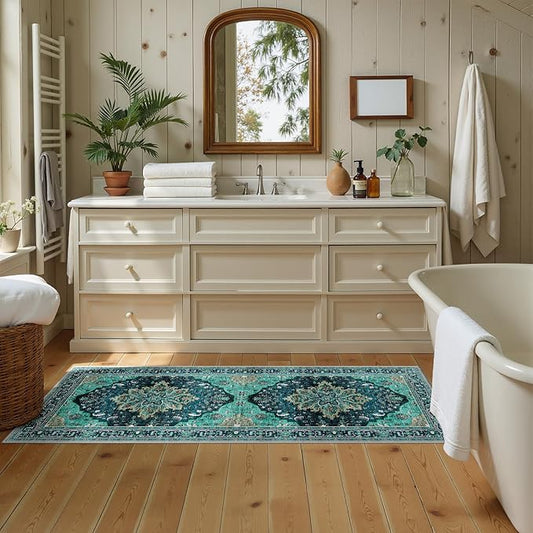 Area Rugs 2'x5' Washable Non-Slip, Floral Vintage Distress Print Pattern Medallion Carpet for Living Room Bedroom Dining Room, Teal Green Lake Blue Turquoise