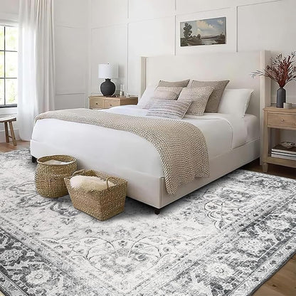 ReaLife Rugs Machine Washable Area Rug - Living Room Bedroom Bathroom Kitchen Entryway Office - Padded Low Pile Stain Resistant Premium - Boho Farmhouse Vintage - Joy - Gray 5' x 7'