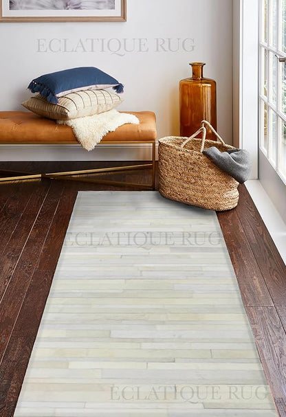 Cowhide Leather Rug for Living Room 9x12 Natural Leather Rug Modern Stripes Style Floor Carpet for Home Decor | Superior Indoor Area Rug White