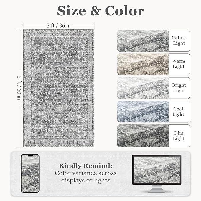Grey Vintage 3x5 Entryway Rug Indoor Foyer, Neutral Gray Throw Rug for Kitchen Bathroom, Machine Washable Non Slip Thin Area Rug for Nursery/Bedroom Bedside/Home Office/Dorm