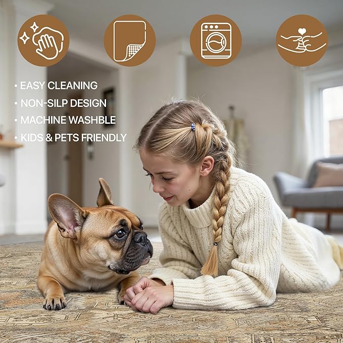 Bavni Kitchen Rug 2x8 Runner Rugs for Hallways Entryway, Washable Vintage Print Carpet, Ultra-Thin Chenille Low Pile Lightweight Rug with Non Slip Backing, Wood
