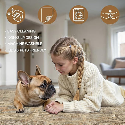 Bavni Washable Rug 6x9 Area Rug for Living Room Bedroom Dining, Washable Vintage Print Carpet, Ultra-Thin Chenille Low Pile Lightweight Rug with Non Slip Backing, Wood