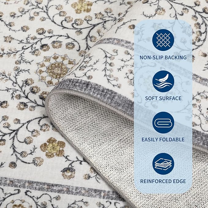 GarveeHome Boho 8x10 Area Rugs for Living Room, Floral Vintage Rugs for Bedroom with Soft Low Pile, Non Slip Stain Resistant Washable Rug 8x10 for Dining Room Grey Large Carpet for Office Playroom