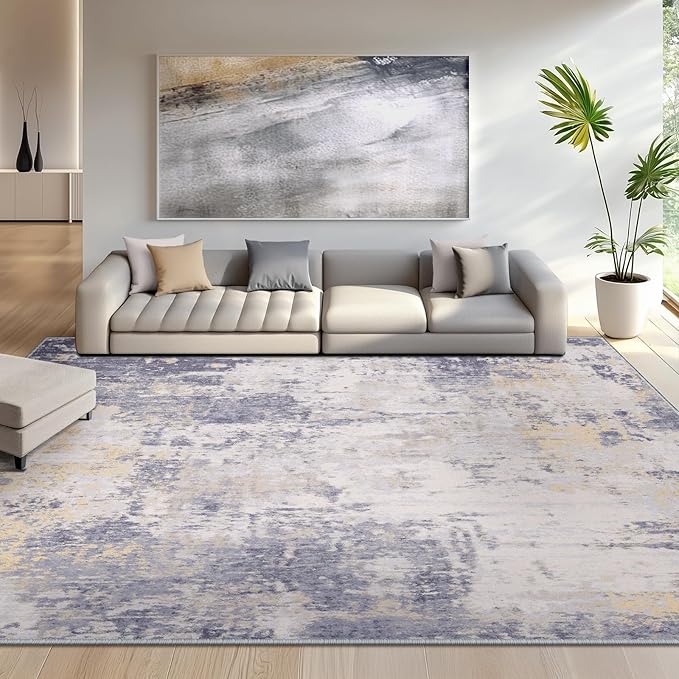 Washable Area Rugs 7'x9' Non-Slip Modern Abstract Soft for Living Room Entryway Bedroom Nursery, Print Pattern, Purple Grey Cream Yellow