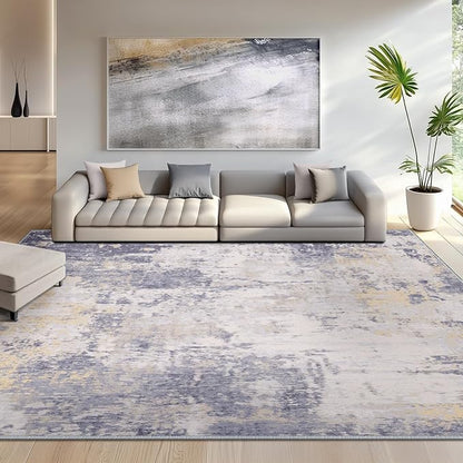 Washable Area Rugs 5'x8' Non-Slip Modern Abstract Soft for Living Room Entryway Bedroom Nursery, Print Pattern, Purple Grey Cream Yellow