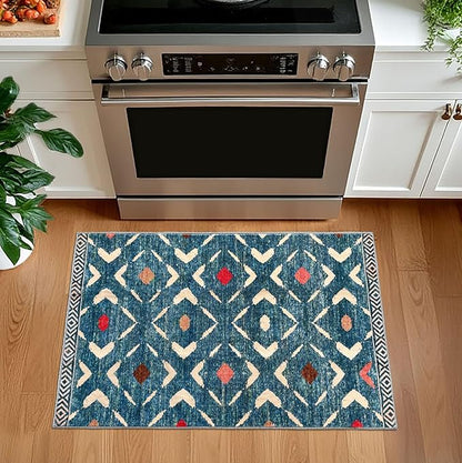 KILOCOCO Small Rug 2'x3' Entryway Rug Printed Moroccan Indoor Door Mat Machine Washable Non Slip Soft Throw Rugs for Bedroom Kitchen Entrance Geometric Boho Rugs, Teal/Blue