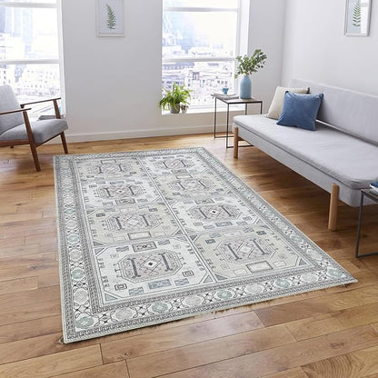 Fame Living Faded Oushak Rug, Turkish Vintage Floral Pastel Large Oversized Area Rugs for Living Room Dining Bedroom Kitchen Bathroom Nursery (848CrNv, 2' x 3')