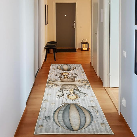 Ambesonne Animals Decorative Rug, Happy Tale of Giraffe Zebra Friends and Starry Night Balloon Striped, Quality Carpet for Bedroom Dorm and Living Room, 2' 5" x 7' 5", Pale Mustard Purpleblue