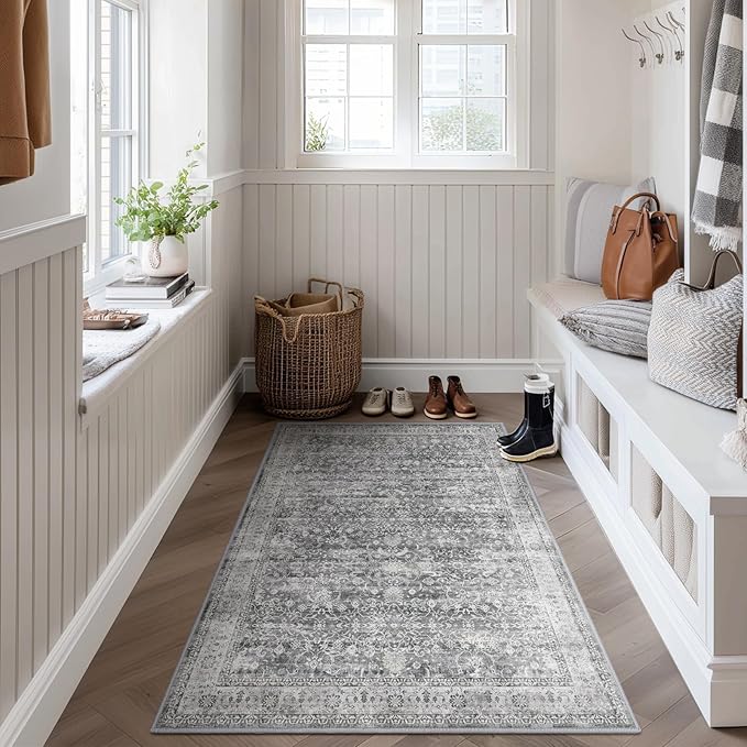 Grey Vintage 3x5 Entryway Rug Indoor Foyer, Neutral Gray Throw Rug for Kitchen Bathroom, Machine Washable Non Slip Thin Area Rug for Nursery/Bedroom Bedside/Home Office/Dorm