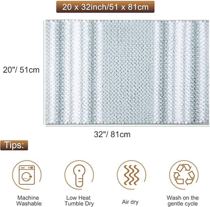 PiccoCasa Chenille Bathroom Rug, Soft Fluffy Absorbent Bath Mat, Medium Pile Striped Carpet Washable Non Slip Bathroom Floor Mats(20"x32",Light Blue & White)