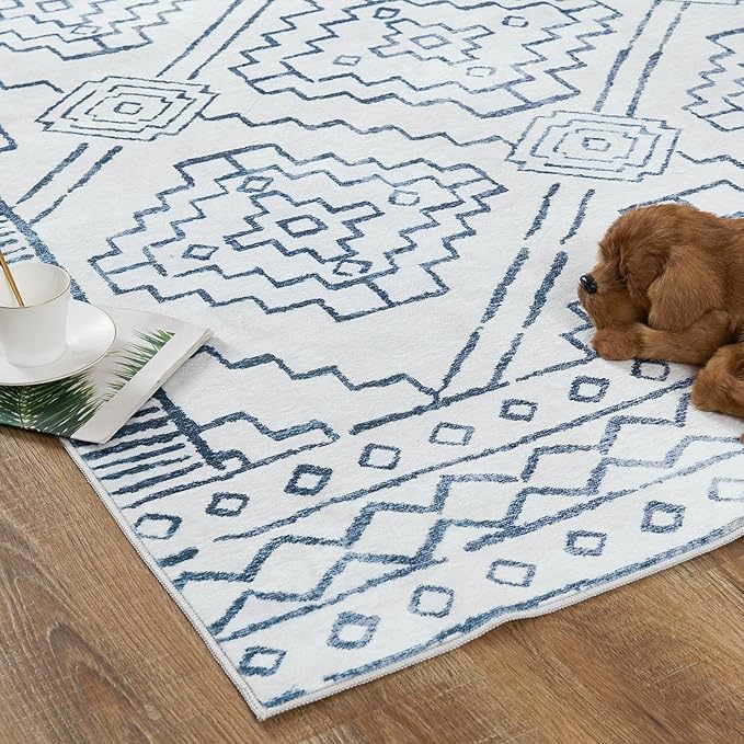 jinchan Moroccan 2x3 Rug for Entryway - Machine Washable Rug Modern Geometric Kitchen Soft Faux Wool Non-Slip Indoor Doormat Ultra-Thin Carpet for Entrance Bathroom Bedroom Living Room (2x3ft, Blue)