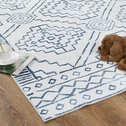 jinchan Moroccan 2x3 Rug for Entryway - Machine Washable Rug Modern Geometric Kitchen Soft Faux Wool Non-Slip Indoor Doormat Ultra-Thin Carpet for Entrance Bathroom Bedroom Living Room (2x3ft, Blue)