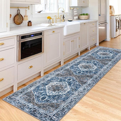 KOZYFLY Long Runners for Hallways 2.6x10 Ft Washable Kitchen Runner Rug Boho Runner Rug for Entryway Indoor Blue Printed Oriental Faux Wool Stair Runner Floor Carpet Runner for Stair Kitchen Hall