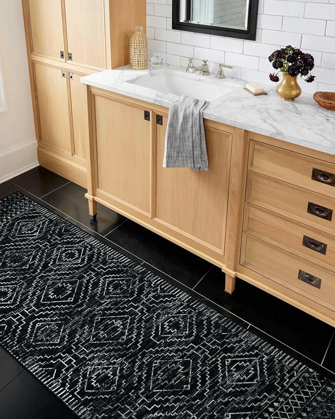 Wonnitar Moroccan Runner Rugs for Hallway 2'6"x8', Black Washable Boho Kitchen Non-Slip Rug Runner, Geometric Tribal Long Soft Bathroom Accent Area Rug for Entryway Laundry Bedroom (Black,2'6"x8')