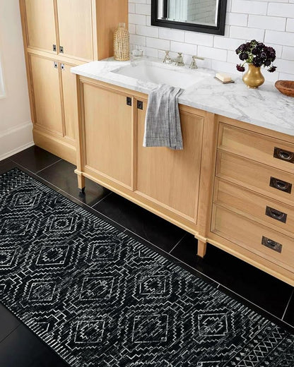 Wonnitar Moroccan Runner Rugs for Hallway 2'6"x8', Black Washable Boho Kitchen Non-Slip Rug Runner, Geometric Tribal Long Soft Bathroom Accent Area Rug for Entryway Laundry Bedroom (Black,2'6"x8')