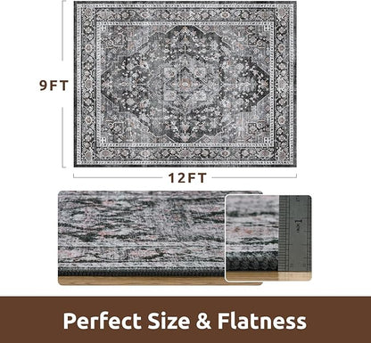 AMOAMI-Area Rug 9X12 Rugs for Living Room-Vintage Soft Black Rugs for Bedroom-Non Slip Carpet-Washable Rug for Dining Room Living Room Bedroom Office Under Table,Dark Grey & Black