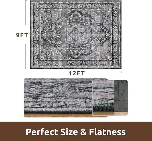 AMOAMI-Area Rug 9X12 Rugs for Living Room-Vintage Soft Black Rugs for Bedroom-Non Slip Carpet-Washable Rug for Dining Room Living Room Bedroom Office Under Table,Dark Grey & Black