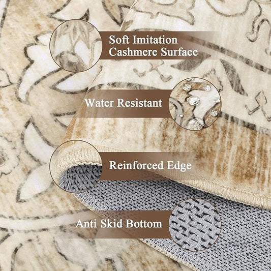 U'Artlines Boho Vintage Area Rug 8x10 Machine Washable Low Pile Soft Floor Carpet Non Slip Non Shedding Accent Rug for Living Room Bedroom Entryway Dining Room Office Cream Tan