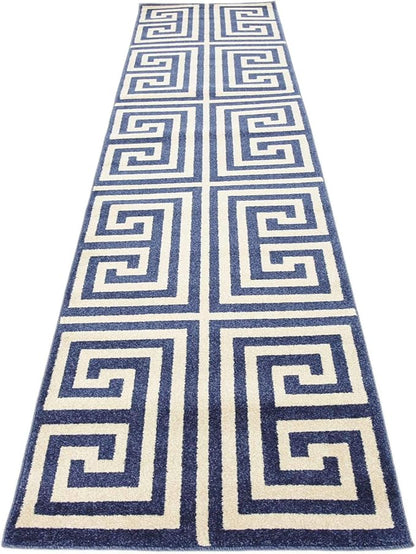 Unique Loom Athens Collection Classic Geometric Modern Border Design Area Rug (2' 7 x 10' 0 Runner, Navy Blue/ Beige)