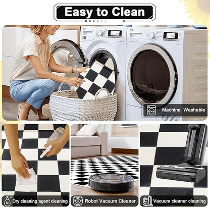 Checkered Rug 2x3 Black and White Rug Modern Entryway Indoor Small Carpet Washable Checkered Bathroom Mat Low-Pile Non-Slip Floor Carpet for Bedroom Kitchen Entryway (Black and White, 2x3ft)