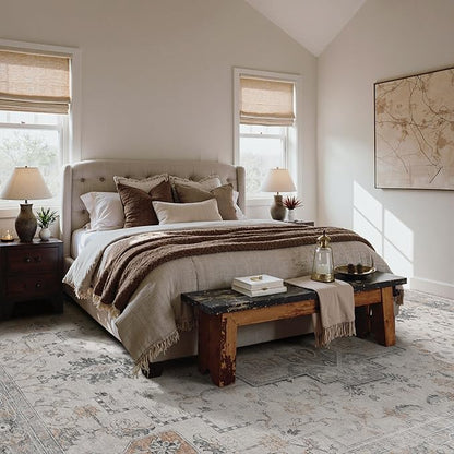 GENIMO 10x13 Area Rugs for Living Room, Non Slip Machine Washable Vintage Rugs, Low Pile Lightweight Chenille Print Large Rug for Bedroom, Dining Room, Home Office, Light Taupe Brown