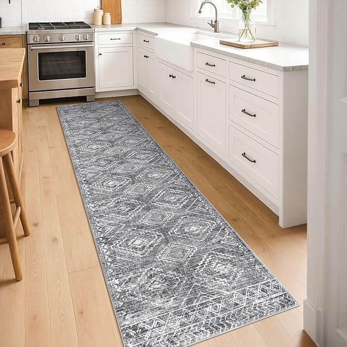KILOCOCO Hallway Runner Rug 2'x8' Runners for Hallways Washable Runner Rug Non Slip Rubber Backed Low-Pile Runners for Bedroom Kitchen Living Room Laundry Room Boho Rugs, Grey