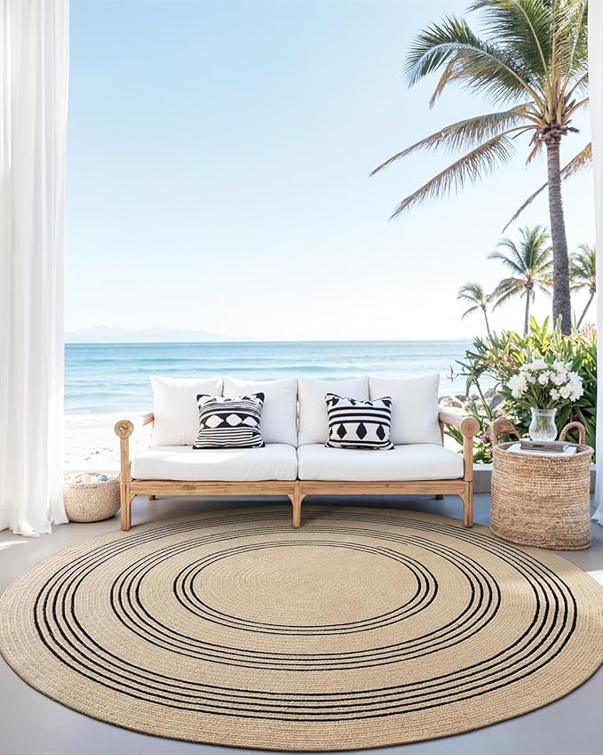 DEXI Round Jute Rug Natural Fiber 6x6, Braided Woven Area Rugs No Shed, Large Soft Neutral Rustic Carpet Mat for Indoor Outdoor Patio Dining Living Room Bedroom Farmhouse, 6ft, Beige/Black