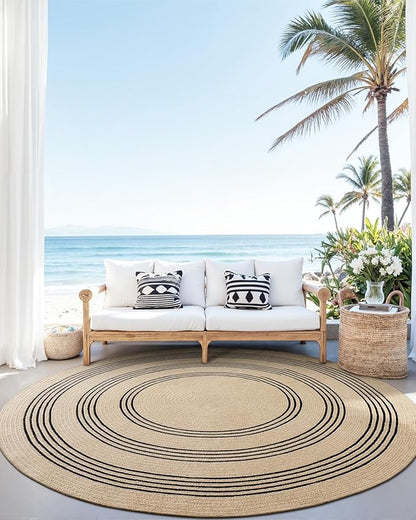 DEXI Round Jute Rug Natural Fiber 6x6, Braided Woven Area Rugs No Shed, Large Soft Neutral Rustic Carpet Mat for Indoor Outdoor Patio Dining Living Room Bedroom Farmhouse, 6ft, Beige/Black