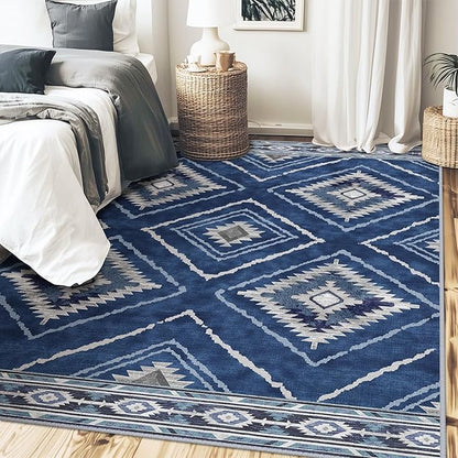 Area Rug 9x12 Rug Machine Washable Non-Slip Low Pile Print Pattern Western Rug for Living Room Bedroom Entryway Tribal Series -Blue/Gray