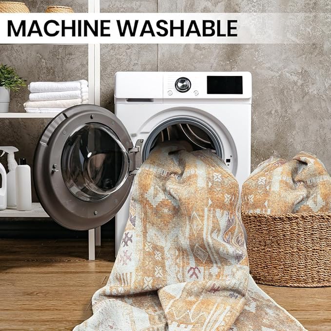 GLN Rugs Traditional Collection - Machine Washable Area Rug, Traditional Washable, Non Slip, Low Pile Chenille Rug, Living Room, Bedroom, Kitchen Rug (6' x 9' Sand/Light Gray)