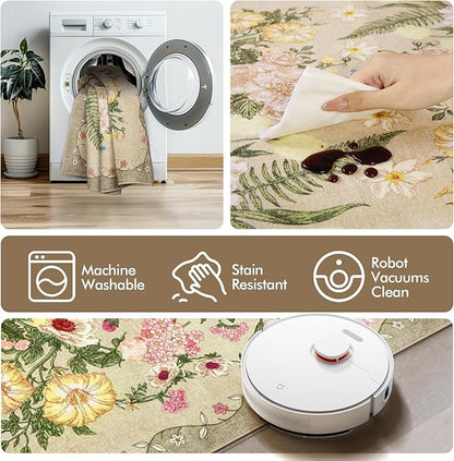 Floral Washable 5x7 Area Rugs - Living Room Rug Non Slip Low Pile Stain Resistant Carpets Indoor Vintage Flower Print Rug for Bedroom Dining Room Kitchen Home Office, Brown
